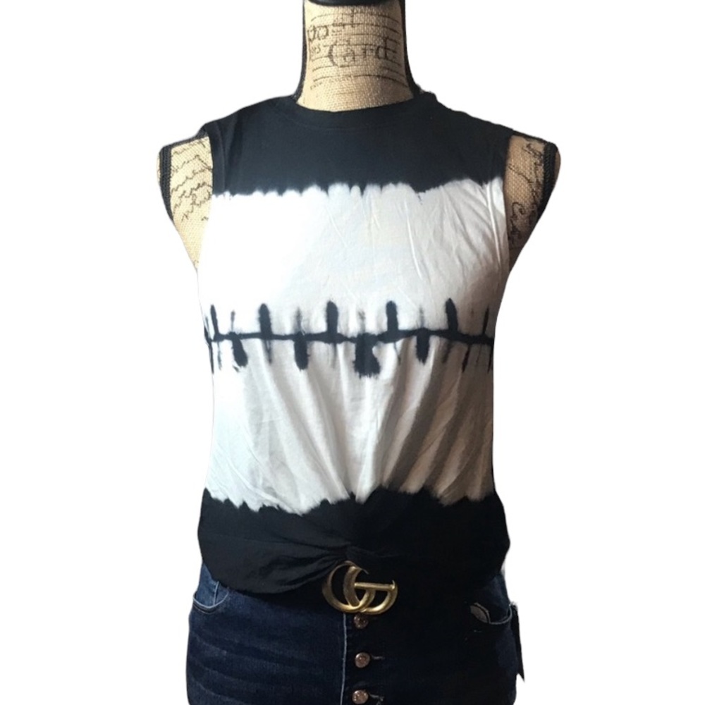 Mono b black/ white tie dye sleeveless knotted top